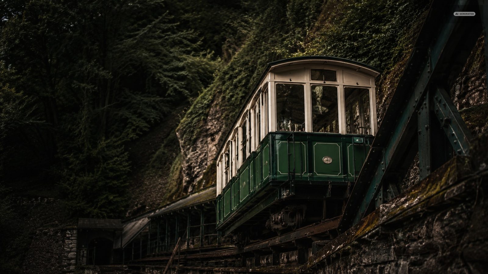A green and cream cliff railway carriage standing on its track in the wooded cutting