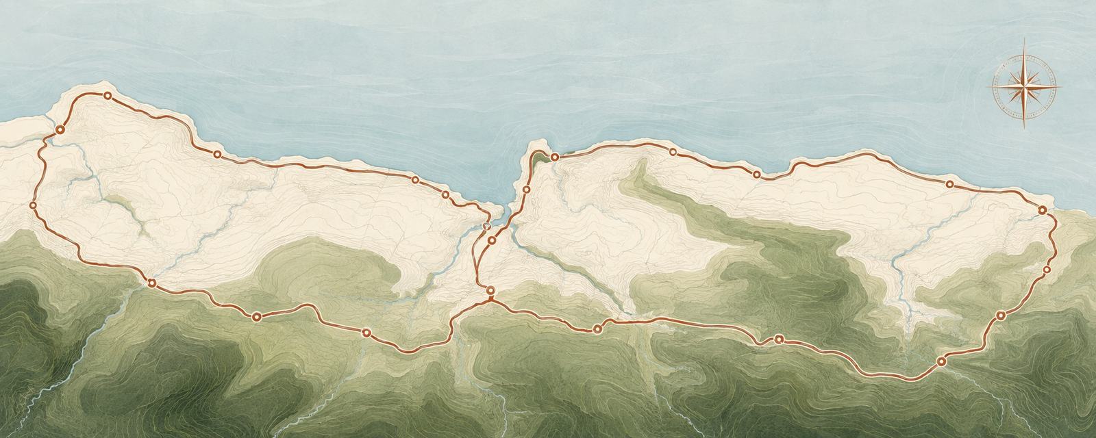 A drawn map of the North Devon coast from Lynton east to Minehead, the twenty-one mile loop marked in copper over the contours of Exmoor
