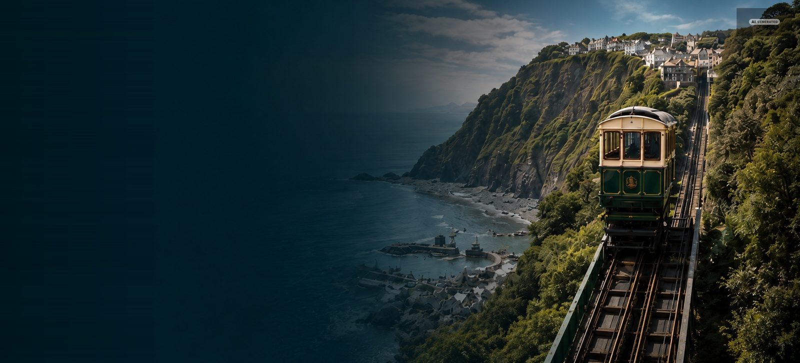 The Lynton and Lynmouth Cliff Railway climbing its wooded cliff above the harbour, with the Bristol Channel beyond