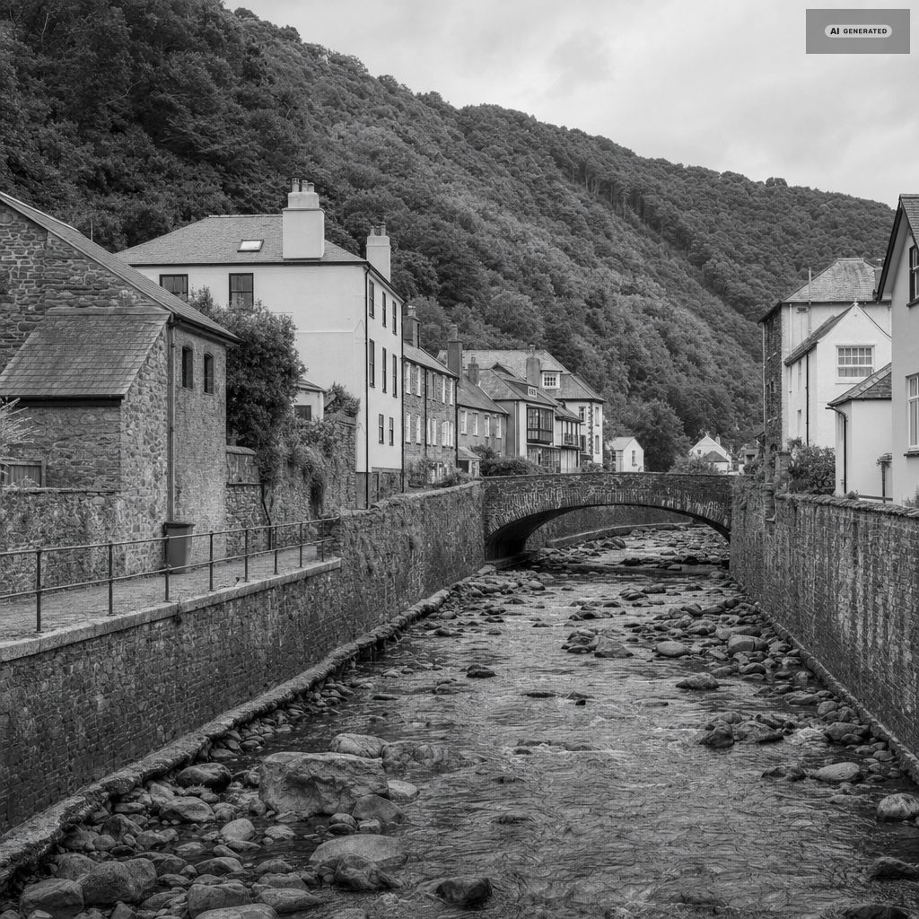 The widened boulder channel of the East Lyn running between high stone walls through Lynmouth to the sea, the rebuilt village on both banks